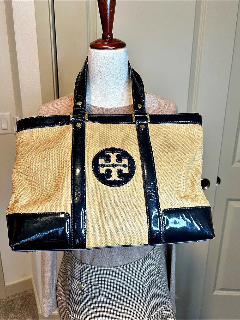Vintage Tory Burch Ella Straw Tote - Black Patent Leather Trim (Circa 2010)